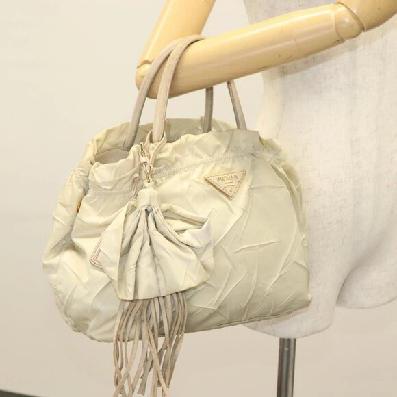 PRADA Hand Bag Nylon Beige Gold Auth 129942 - Picture 3 of 16